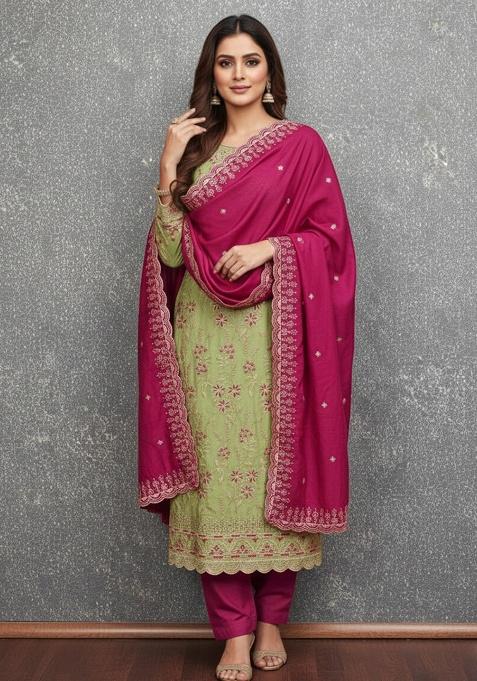Green Embroidery Silk Salwar Suit