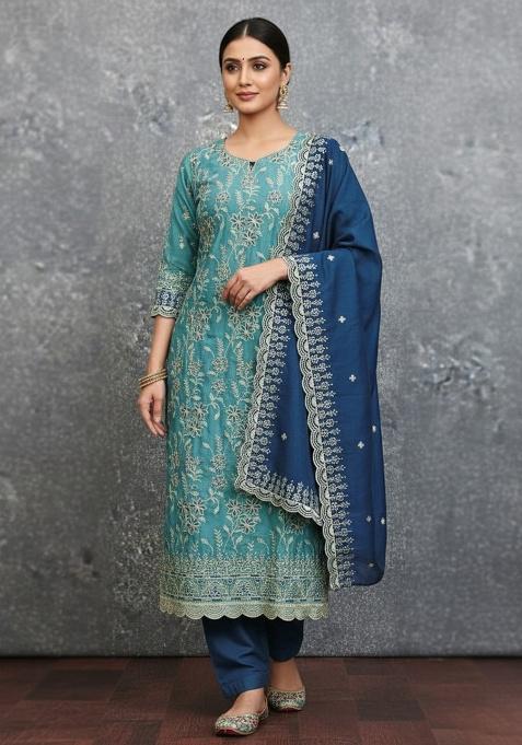 Blue Embroidery Silk Salwar Suit