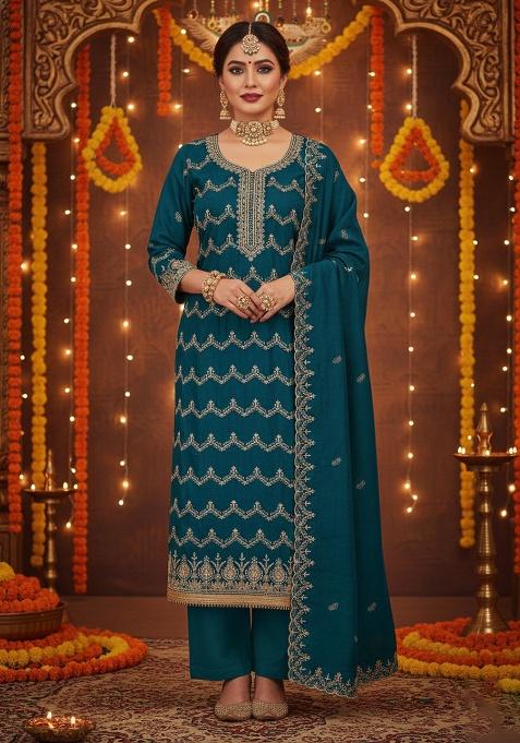 Blue Embroidery Silk Salwar Suit