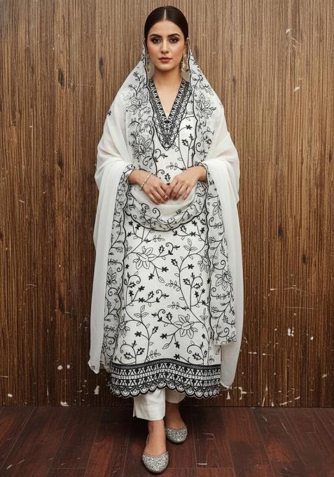White Embroidery Georgette Salwar Suit
