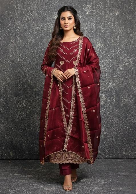 Red Embroidery Silk Salwar Suit