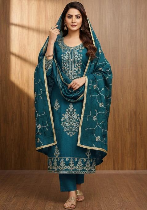 Blue Embroidery Silk Salwar Suit