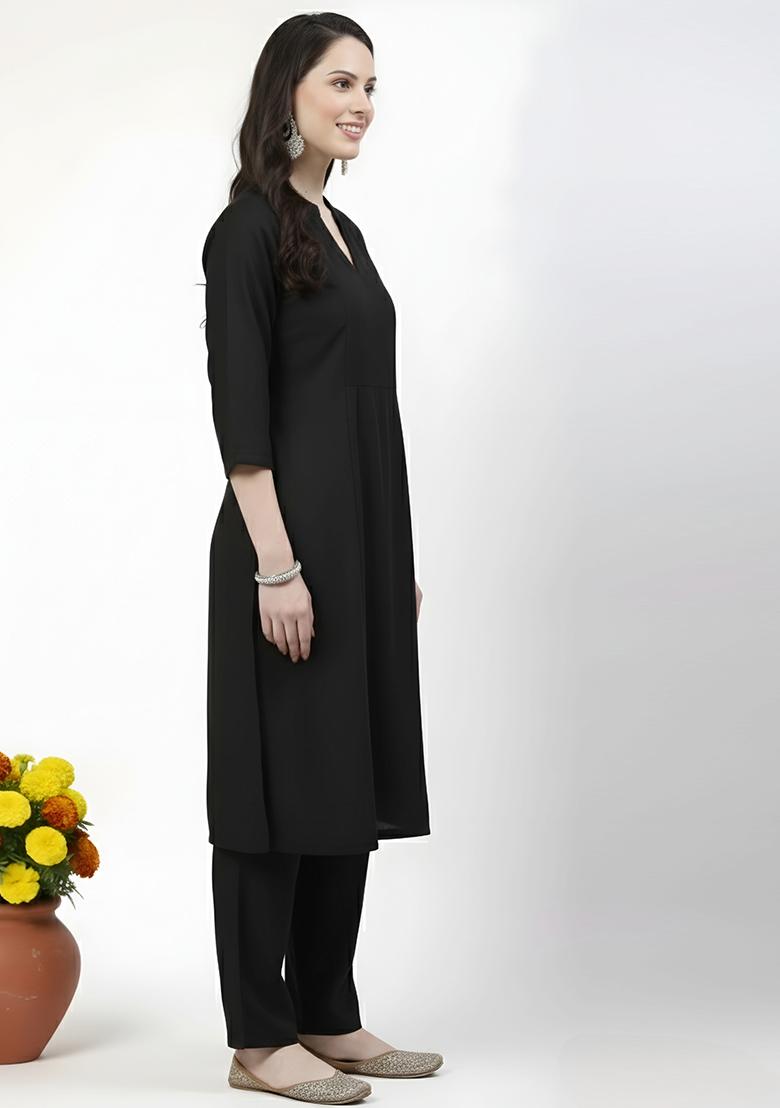 Black Machine Embroidery Rayon Kurta Set - Indya