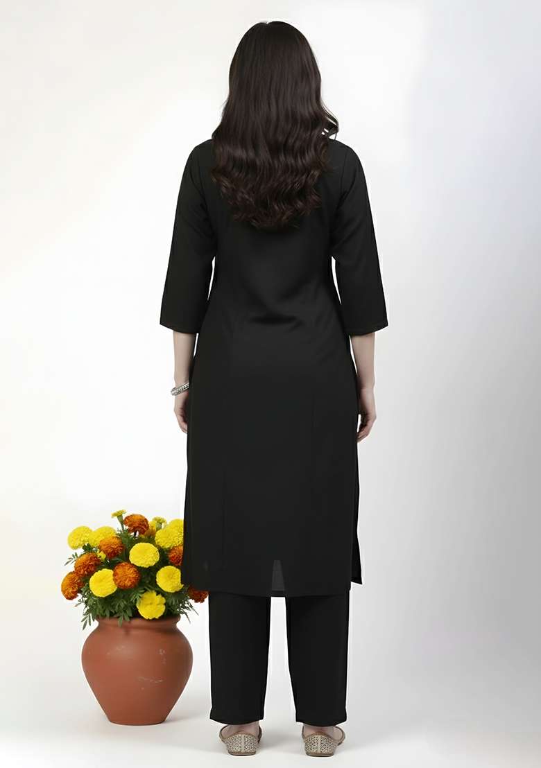 Black Solid Rayon Straight Kurta Set - Indya