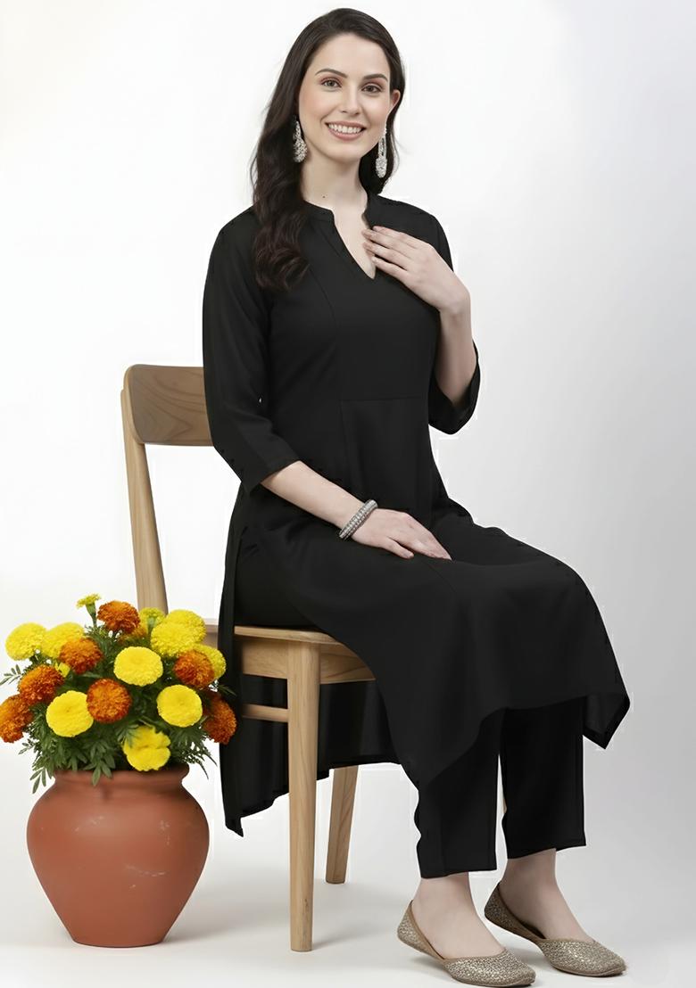 Black Machine Embroidery Rayon Kurta Set - Indya