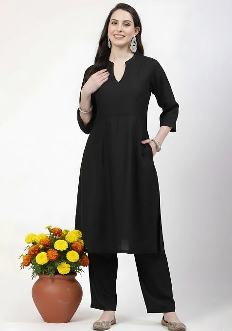 Black Machine Embroidery Rayon Kurta Set