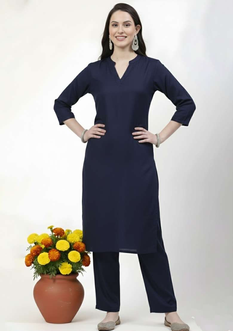 Navy Solid Rayon Straight Kurta Set - Indya