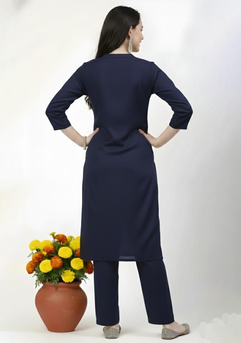 Navy Machine Embroidery Rayon Kurta Set - Indya