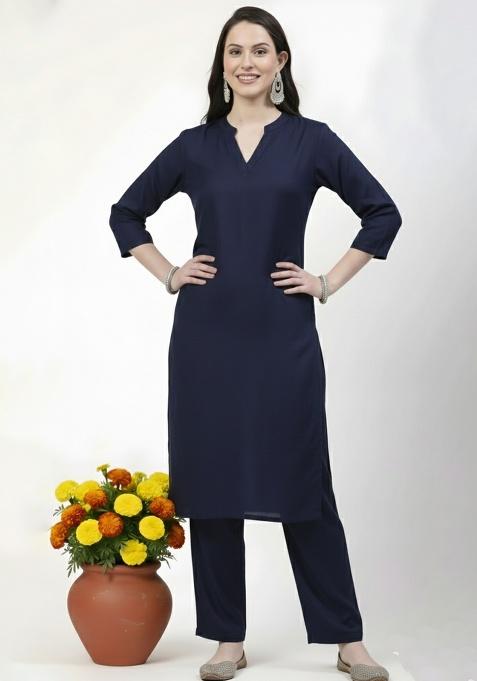 Navy Machine Embroidery Rayon Kurta Set