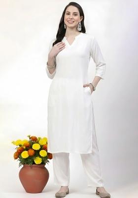 White Solid Rayon Straight Kurta Set