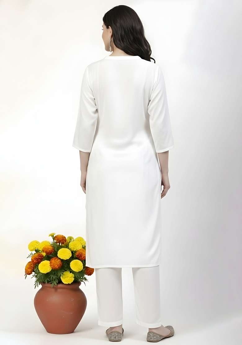 White Solid Rayon Straight Kurta Set - Indya