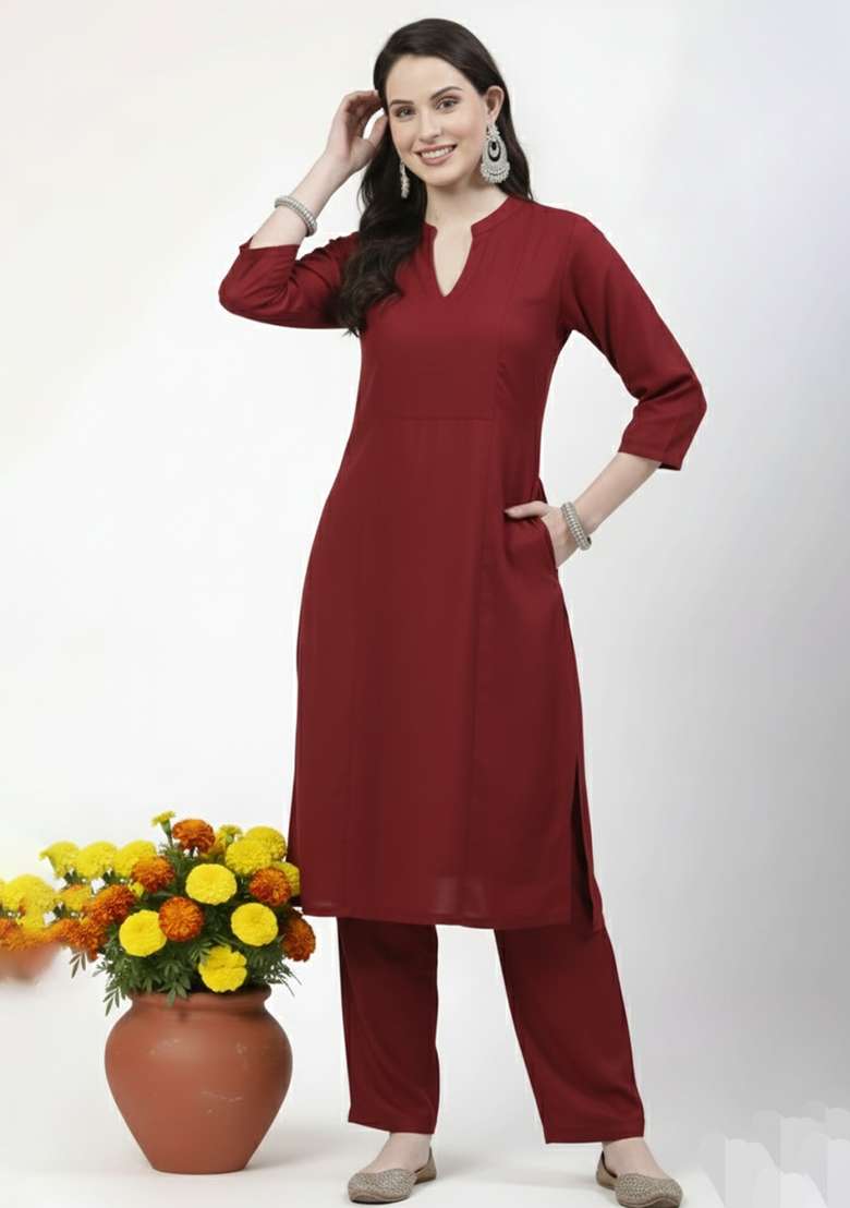 Red Solid Rayon Straight Kurta Set - Indya
