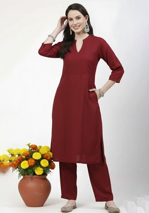 Red Machine Embroidery Rayon Kurta Set