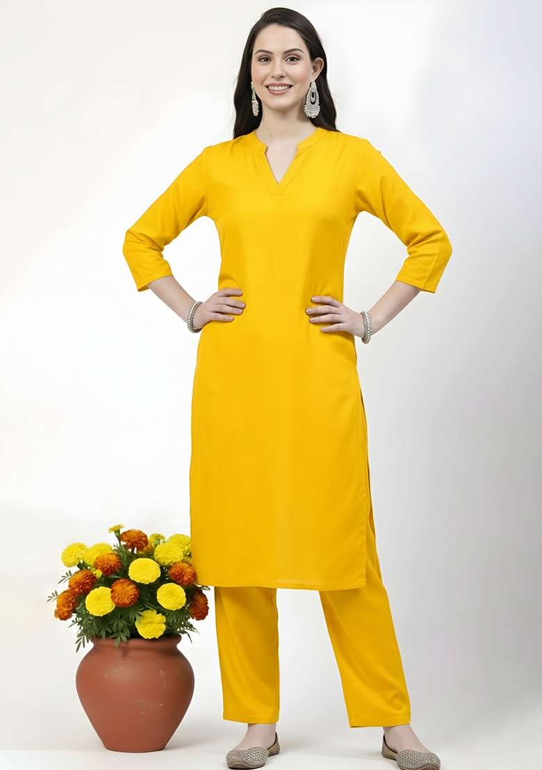 Yellow Solid Rayon Straight Kurta Set - Indya