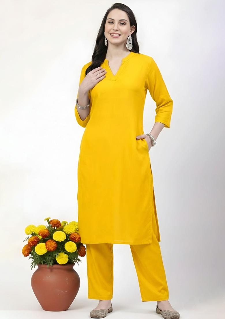 Yellow Machine Embroidery Rayon Kurta Set - Indya