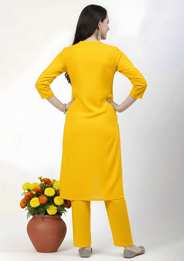 Yellow Solid Rayon Straight Kurta Set - Indya