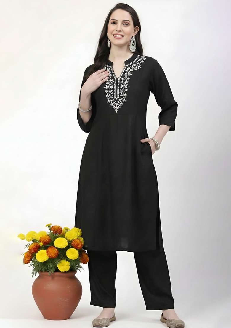 Black Embroidered Rayon Straight Kurta Set - Indya
