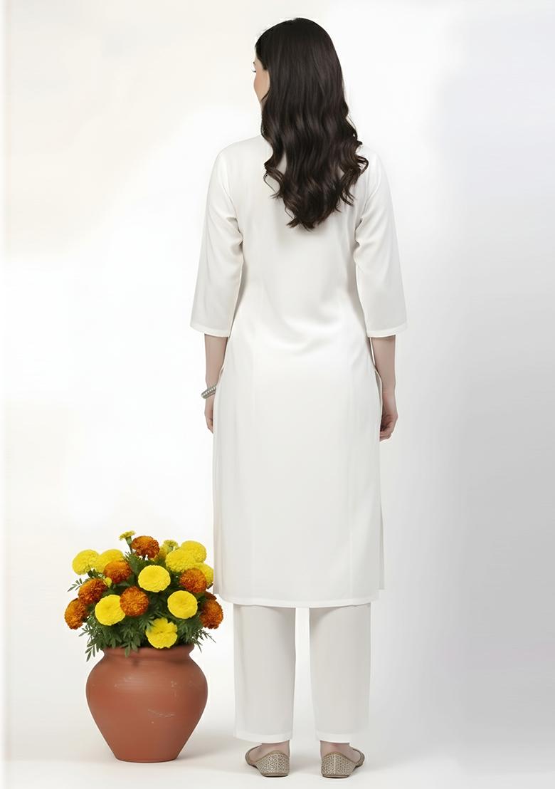 White Machine Embroidery Rayon Kurta Set - Indya