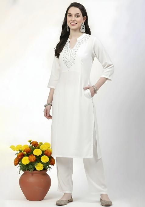 White Machine Embroidery Rayon Kurta Set
