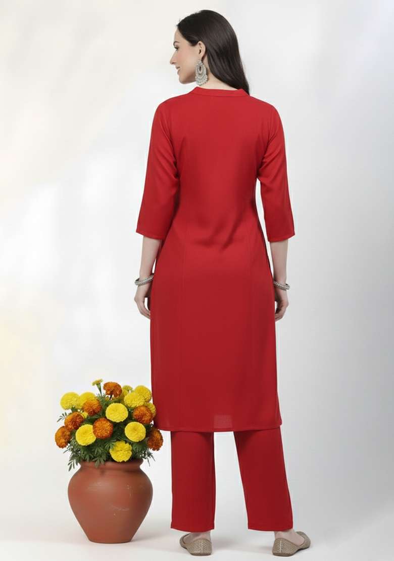 Red Embroidered Rayon Straight Kurta Set - Indya