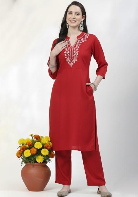 Red Machine Embroidery Rayon Kurta Set