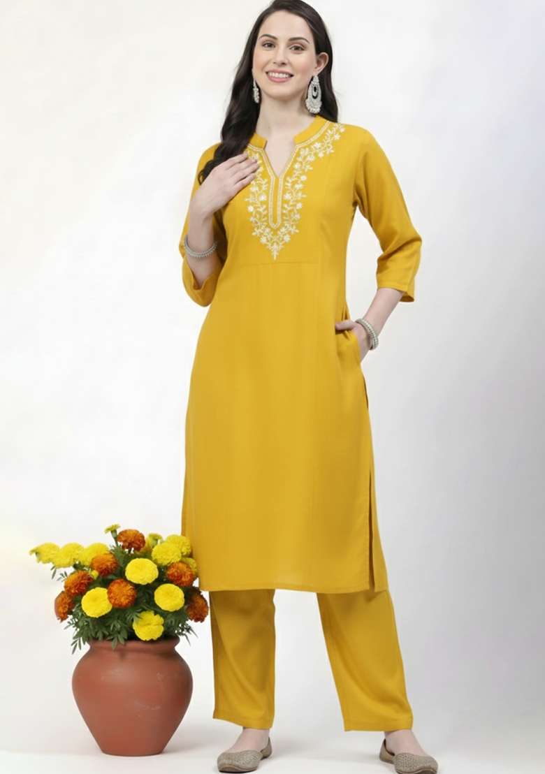 Yellow Embroidered Rayon Straight Kurta Set - Indya