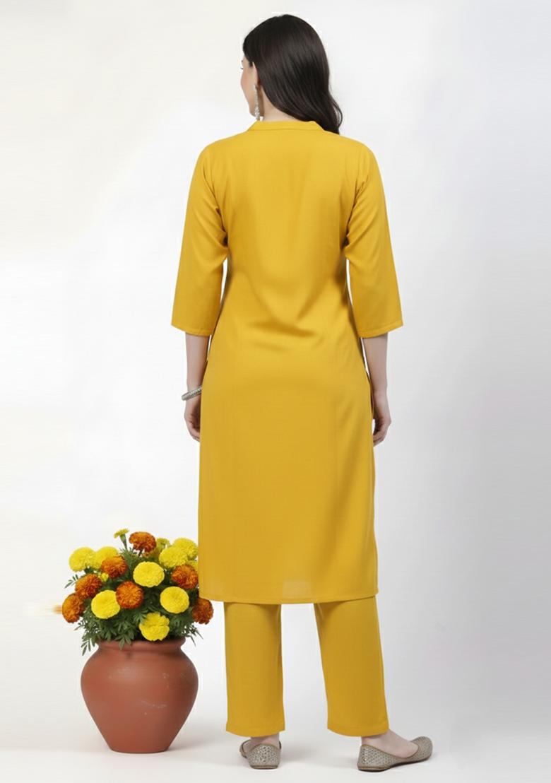 Yellow Machine Embroidery Rayon Kurta Set - Indya