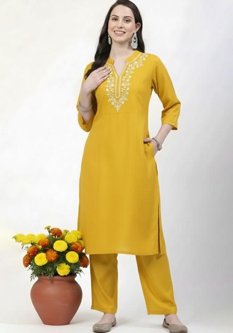 Yellow Machine Embroidery Rayon Kurta Set