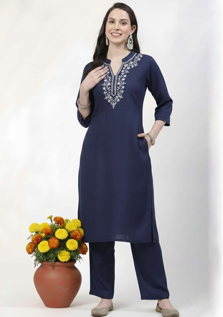 Navy Embroidered Rayon Straight Kurta Set - Indya