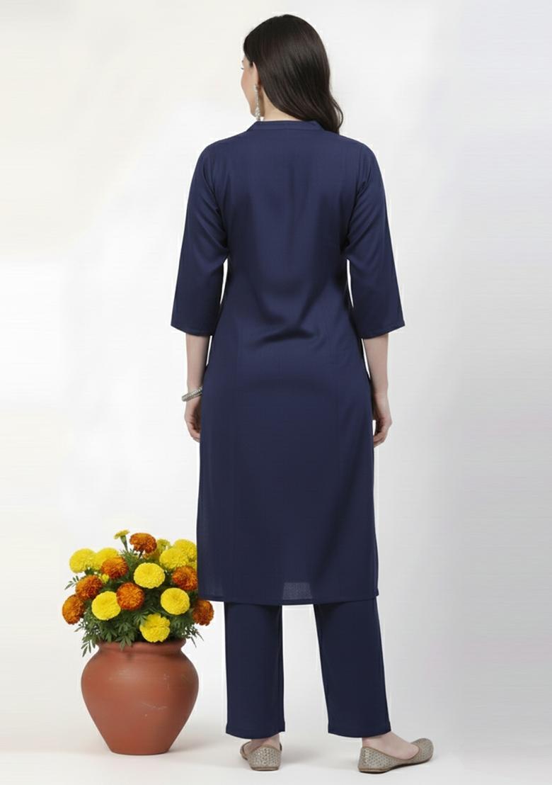 Navy Machine Embroidery Rayon Kurta Set - Indya