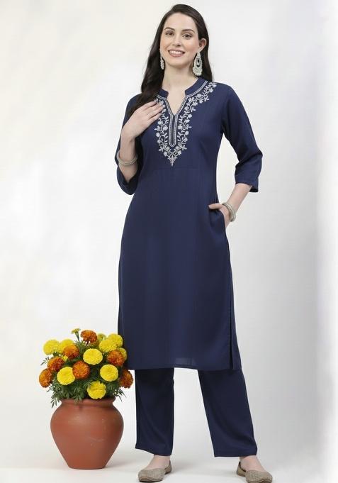 Navy Machine Embroidery Rayon Kurta Set