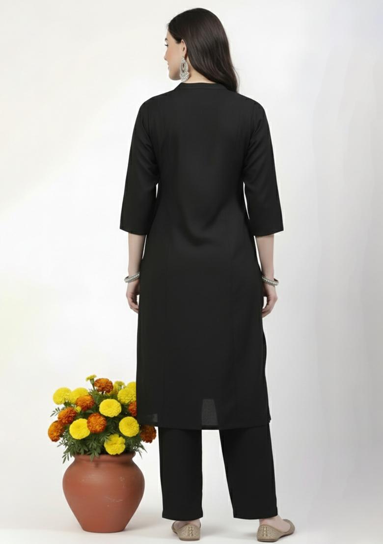 Black Machine Embroidery Rayon Kurta Set - Indya