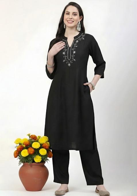 Black Machine Embroidery Rayon Kurta Set