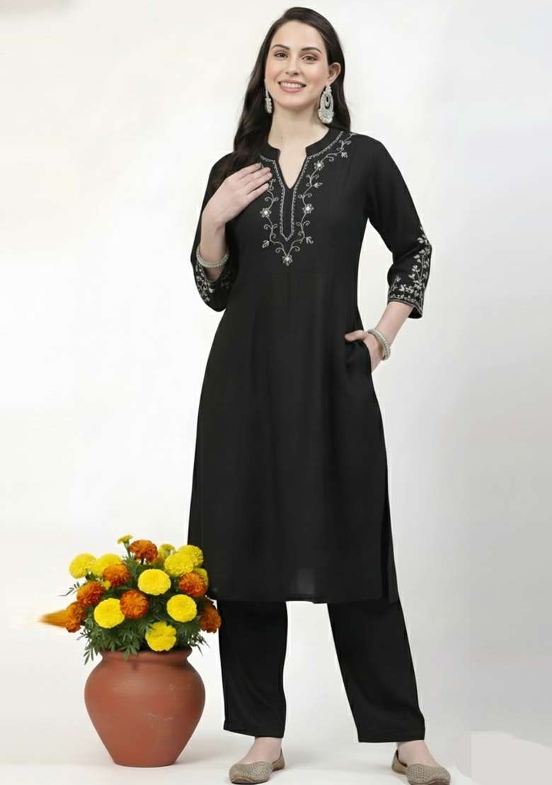 Black Embroidered Rayon Straight Kurta Set - Indya
