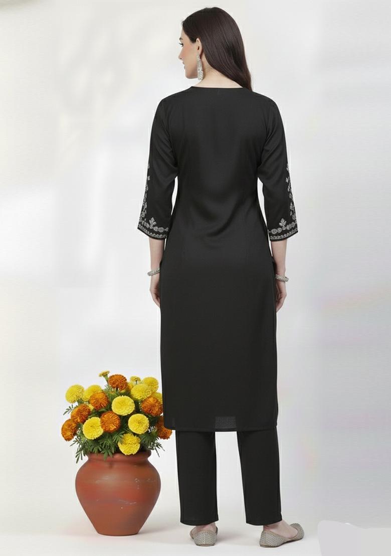 Black Machine Embroidery Rayon Kurta Set - Indya