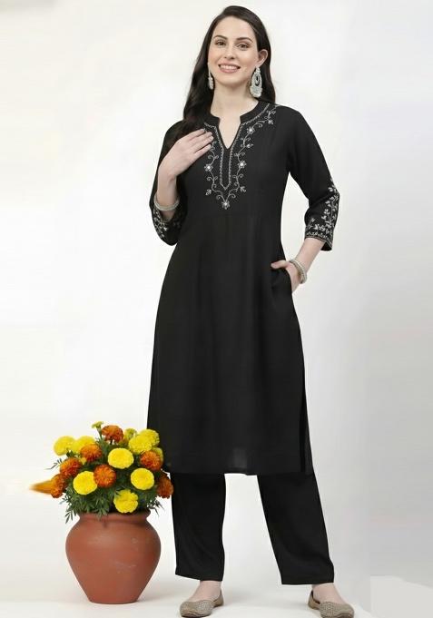 Black Machine Embroidery Rayon Kurta Set