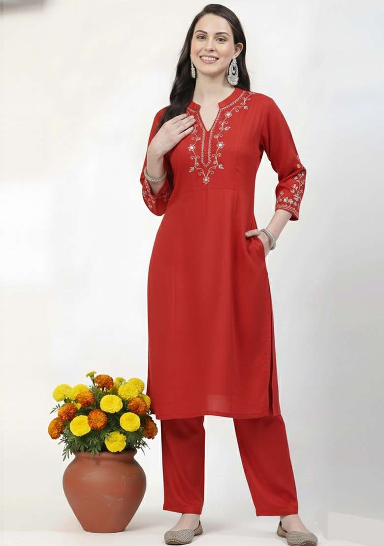 Red Embroidered Rayon Straight Kurta Set - Indya