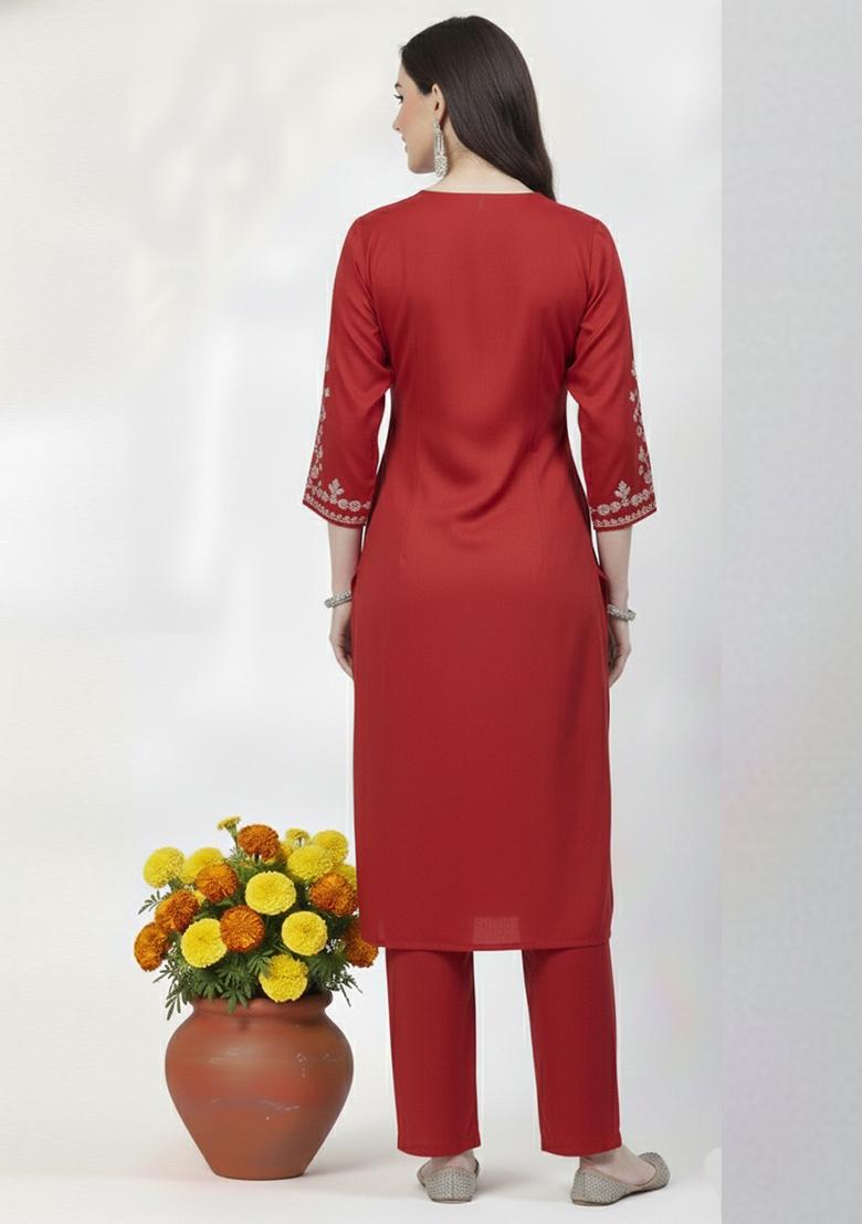 Red Machine Embroidery Rayon Kurta Set - Indya