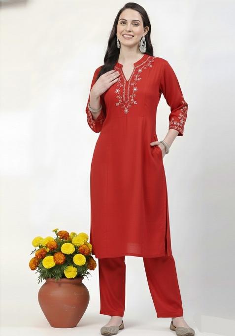 Red Machine Embroidery Rayon Kurta Set