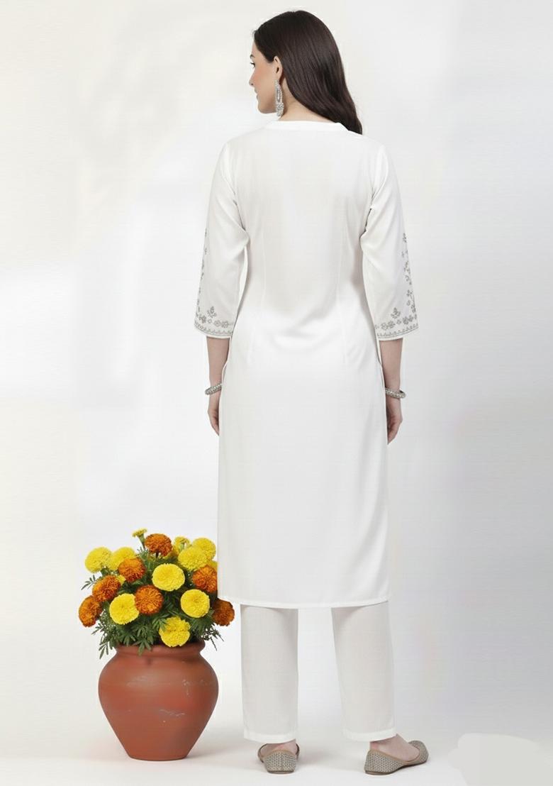 White Machine Embroidery Rayon Kurta Set - Indya