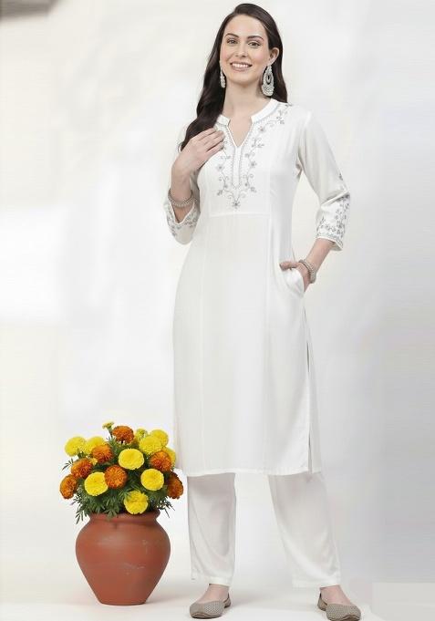White Machine Embroidery Rayon Kurta Set