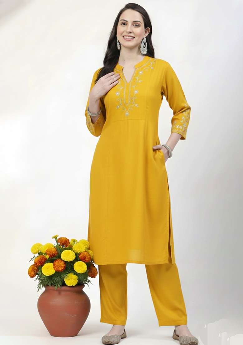 Yellow Embroidered Rayon Straight Kurta Set - Indya