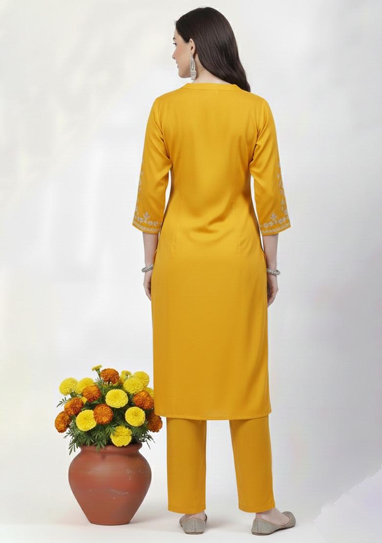 Yellow Machine Embroidery Rayon Kurta Set - Indya