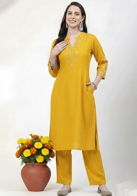 Yellow Machine Embroidery Rayon Kurta Set