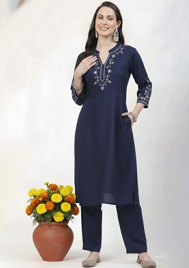 Navy Embroidered Rayon Straight Kurta Set - Indya
