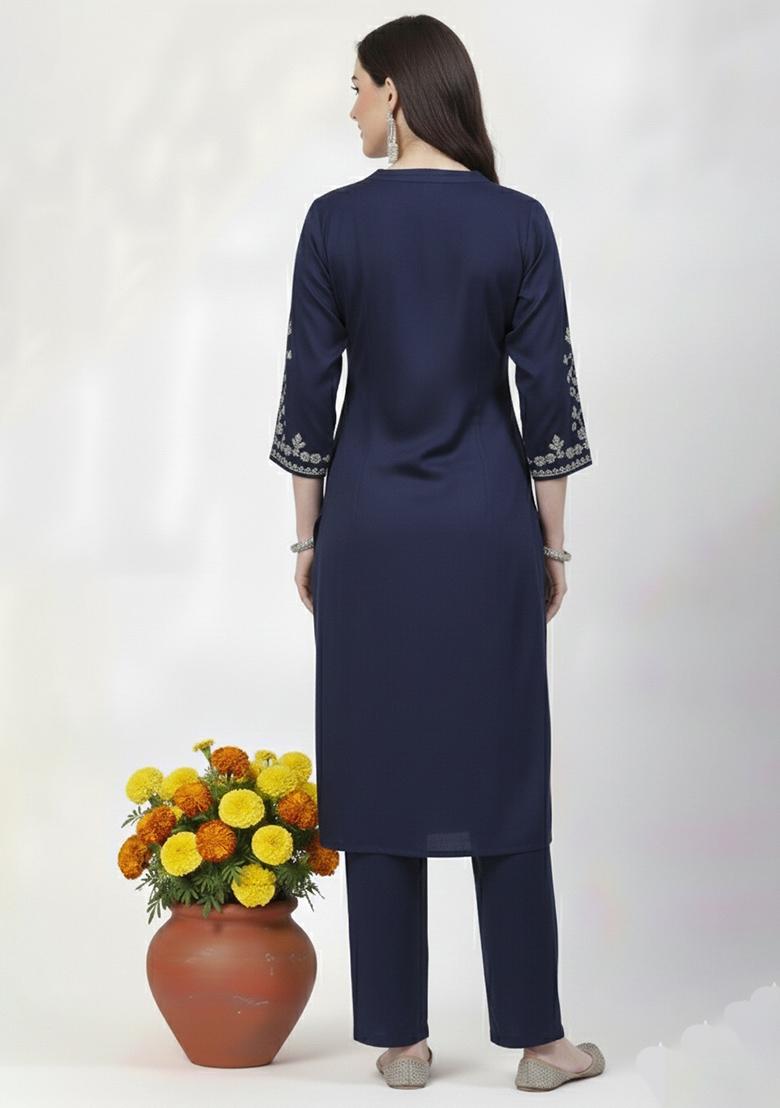 Navy Machine Embroidery Rayon Kurta Set - Indya