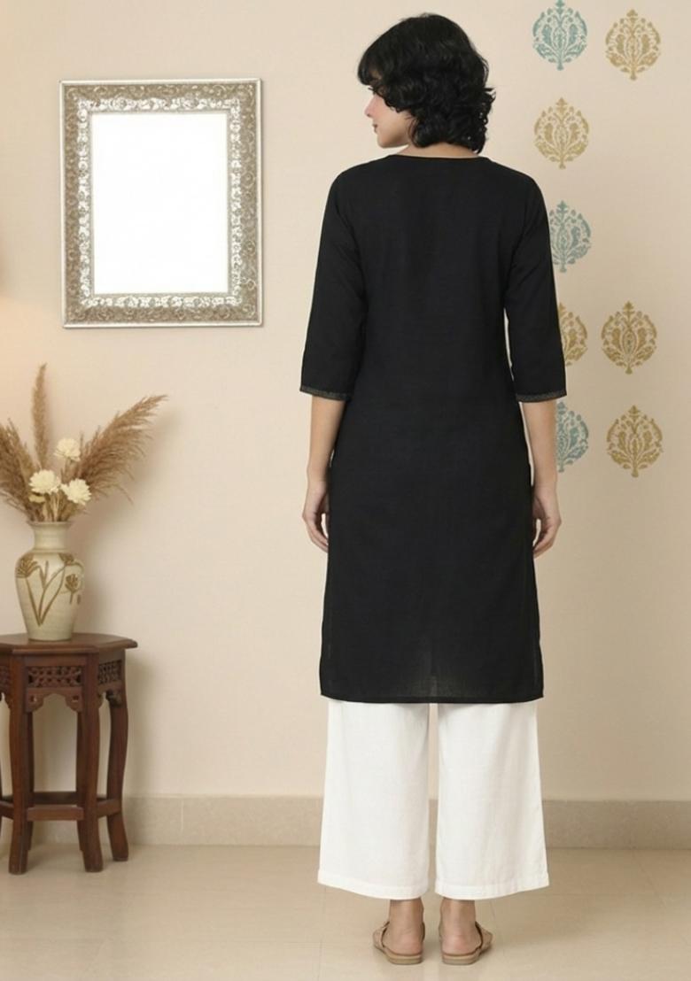 Black Machine Embroidery Rayon Kurta Set - Indya