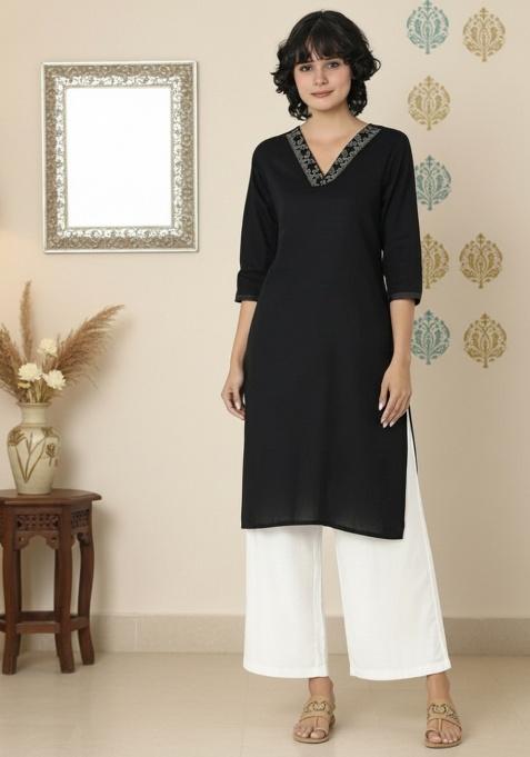 Black Machine Embroidery Rayon Kurta Set