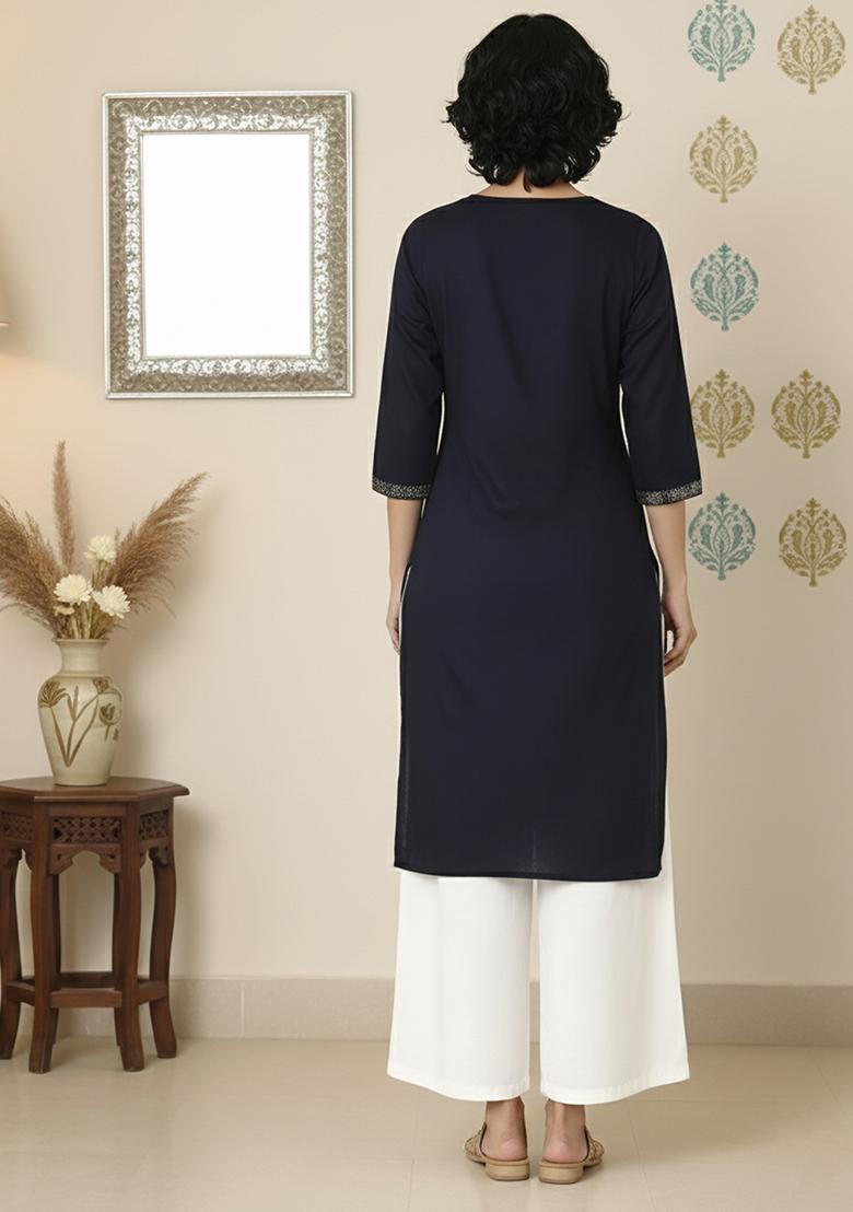 Navy Machine Embroidery Rayon Kurta Set - Indya