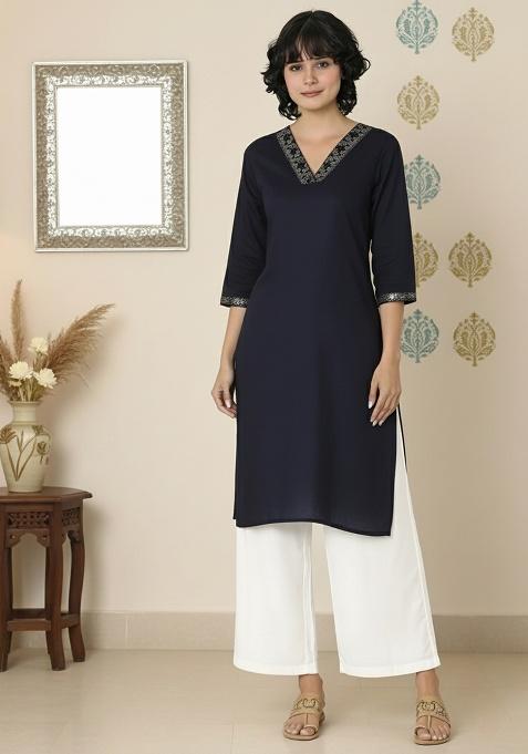 Navy Machine Embroidery Rayon Kurta Set
